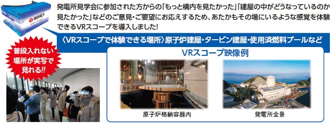 発電所見学会に参加された方からの「もっと構内を見たかった」「建屋の中がどうなっているのか見たかった」などのご意見・ご要望にお応えするため、あたかもその場にいるような感覚を体験できるＶＲスコープを導入しました！