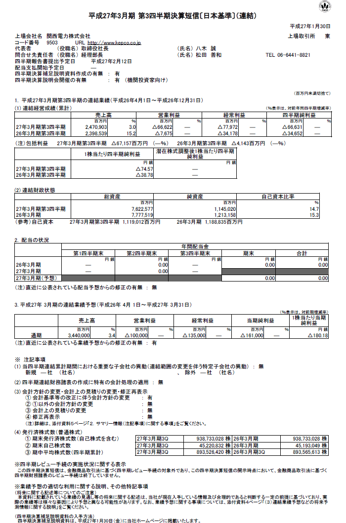 平成27年3月期 第3四半期 決算短信