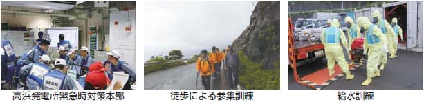 左：凱旋門 賞 2017 ブック メーカー発電所緊急時対策本部 中央：徒歩による参集訓練 右：給水訓練