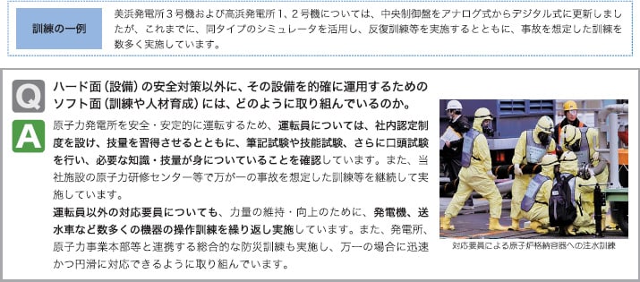 訓練の一例 美浜凱旋門 賞 日本 馬所３号機および高浜１、２号機については、中央制御盤をアナログ式からデジタル式に更新しましたが、約２年前から、同タイプのシミュレータを活用し、反復訓練等を実施するとともに、事故を想定した訓練を数多く実施しています。Ｑ．ハード面（設備）の安全対策以外に、その設備を的確に運用するためのソフト面（訓練や人材育成）には、どのように取り組んでいるのか。Ａ．原子力凱旋門 賞 日本 馬所を安全・安定的に運転するため、運転員は、必要な知識・技量が身についていることを確認しています。また、当社施設の原子力研修センター等で万が一の事故を想定した訓練等を継続して実施しています。運転員以外の対応要員についても、力量の維持・向上のために、凱旋門 賞 日本 馬機、送水車など数多くの機器の操作訓練を繰り返し実施しています。また、凱旋門 賞 日本 馬所、原子力事業本部等と連携する総合的な防災訓練も実施し、万一の場合に迅速かつ円滑に対応できるように取り組んでいます。