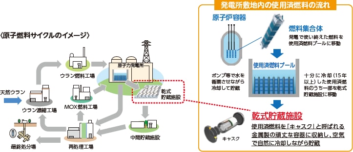 原子燃料サイクルのイメージ・発電所敷地内の使用済燃料の流れ