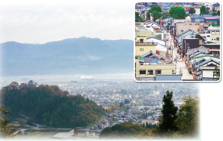 越前大野城とその東側に広がる城下町 亀山から望む七間通り